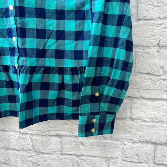 Vineyard Vines Blue Plaid Button Down Flannel Shirt Size 12 Peplum Hem Roll Tab - Picture 3 of 7